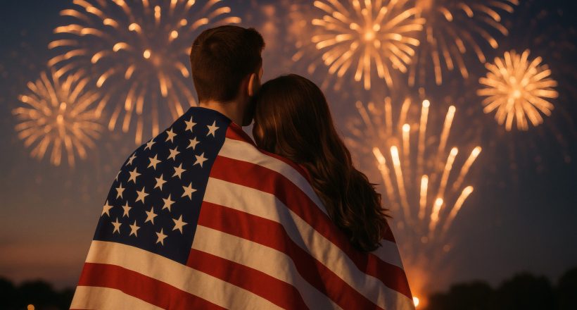 Couple Wrapped in American Flag Watching Fireworks on Independence Day