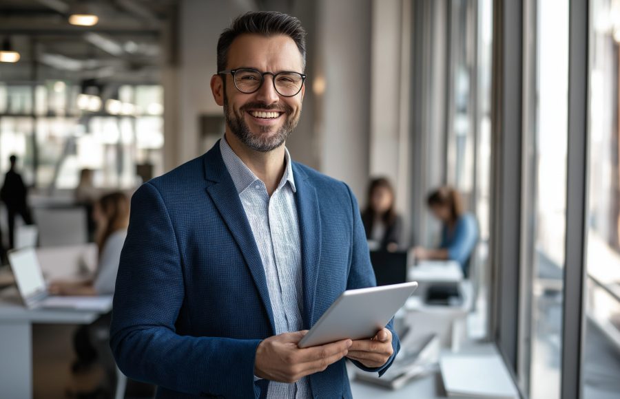 A man in a suit is smiling and holding a tablet. Other people are in the background