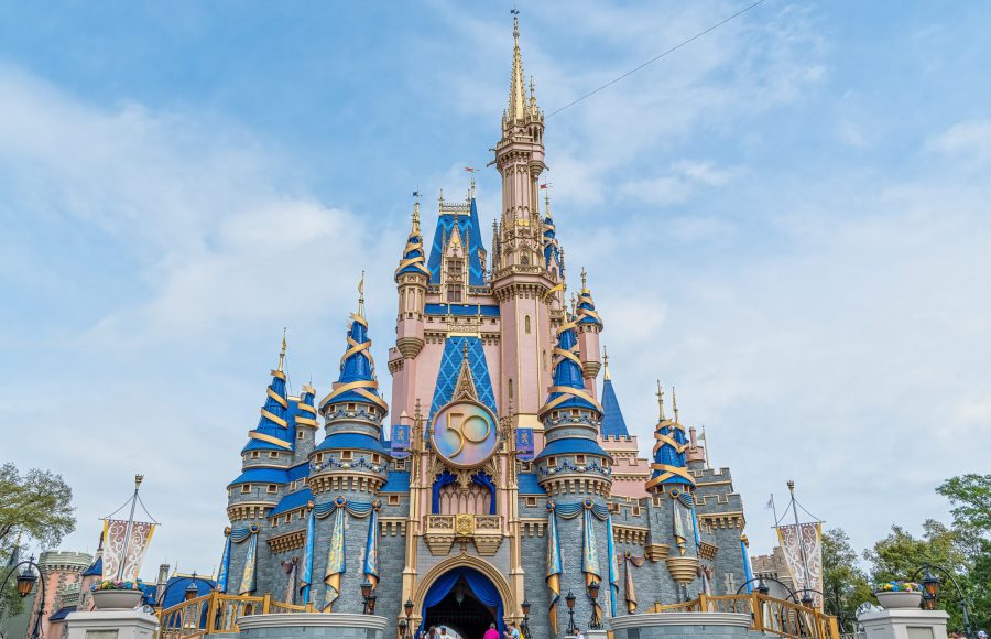Cinderella Castle in the new pink and blue paint for the 50th celebration