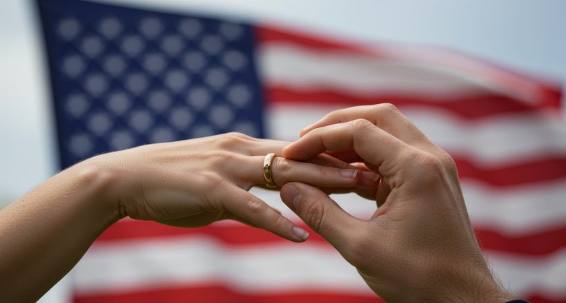 Close-up shot of two hands, one placing a simple gold wedding band on the ring finger of the other. The softly blurred background features the United States flag waving gently, bathed in soft, diffuse light. Symbolizing love, commitment, and a hopeful future against a backdrop of American pride.