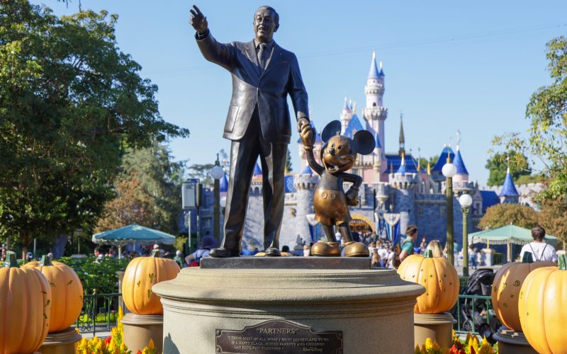 ANAHEIM, UNITED STATES - Oct 20, 2021: The Statue of Walt Disney and Mickey Mouse located in Disneyland, California
